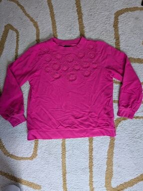 Talbots Bright Pink Embroidered Floral Crewneck Sweatshirt Women's Size L Petite